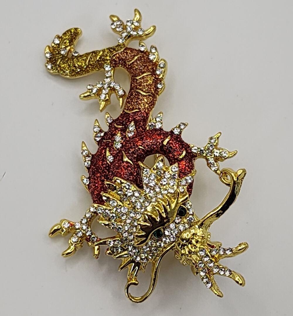 Chinese Dragon Brooch Gold Tone Metal & Red to Yellow Enamel & Rhinestones
